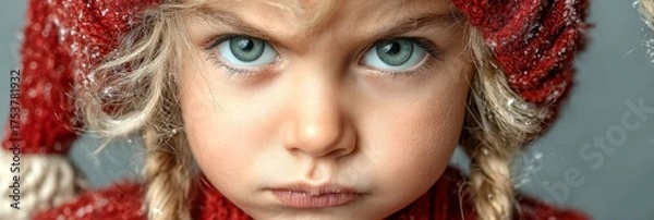 Fototapeta Serious young child in a winter hat with braids staring intensely at the camera during holiday season