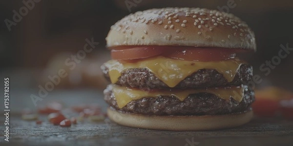 Fototapeta Delicious double cheeseburger with melted cheese, fresh tomatoes, and sesame seed bun for a satisfying meal - Low Contrast