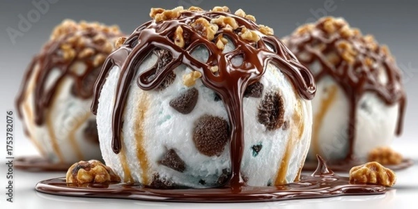 Fototapeta Delicious dessert featuring ice cream with chocolate drizzle and nuts in a delightful presentation