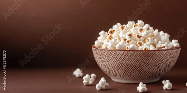 Fototapeta Delicious popcorn in a decorative bowl displayed against a brown background for a cozy snack appeal