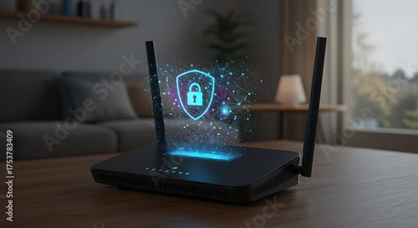 Fototapeta Smart home router glowing with firewall hologram
