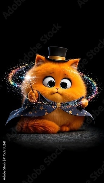 Fototapeta A fluffy orange cat wearing a top hat and cape casting a spell