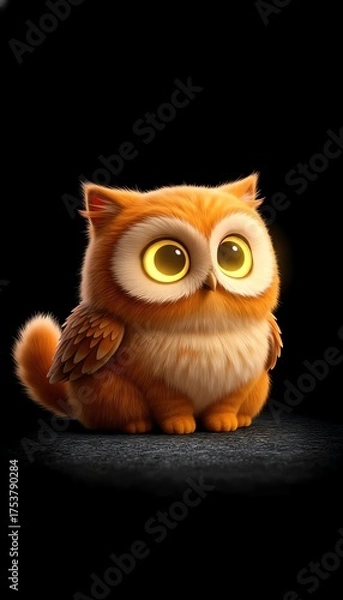 Fototapeta A fluffy orange owl with large yellow eyes sits on a dark surface