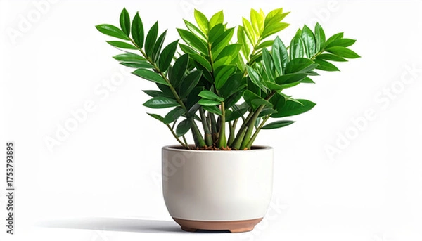 Fototapeta Zamioculcas plant with glossy green leaves in modern white ceramic pot, isolated on white background, bright natural light highlighting healthy foliage and smooth texture
