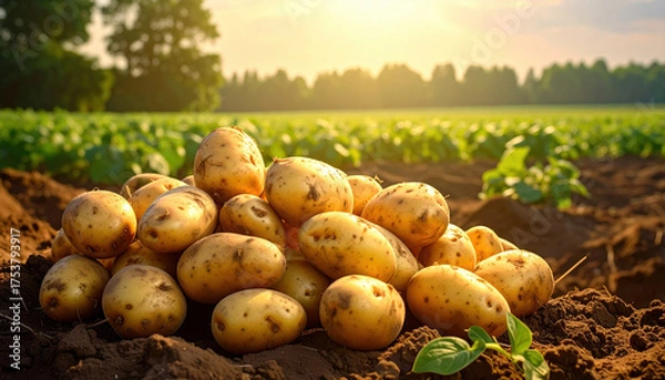 Fototapeta Freshly harvested potatoes piled on rich soil in sunlit field with green plants and trees in background, evoking warm and natural agricultural scene
