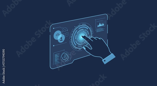 Obraz A hand interacts with a futuristic, glowing touch screen interface, displaying data and digital elements.