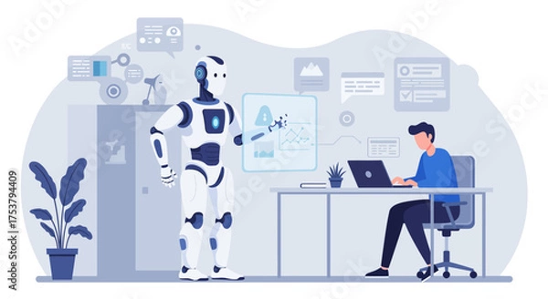 Obraz Illustration of a man working on a laptop with a robot standing nearby in an office setting.