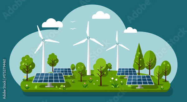 Obraz Illustration of a renewable energy landscape featuring wind turbines, solar panels, trees, and clouds on a green field.