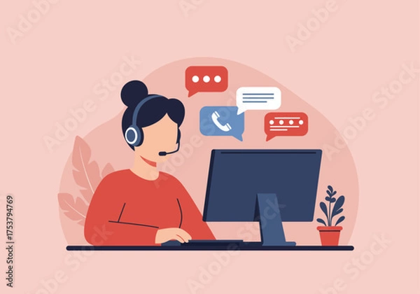 Obraz A customer service representative working at a computer, assisting clients with support.