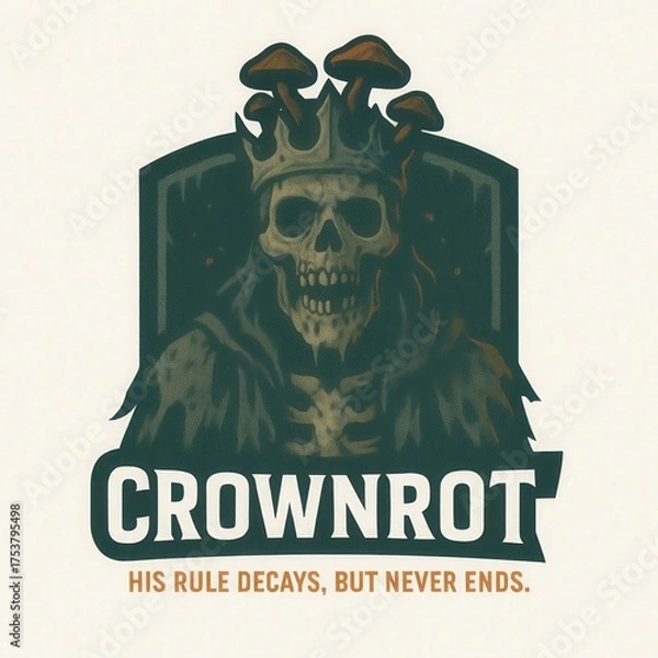 Fototapeta Skull king with crown and mushrooms wears a decaying robe.