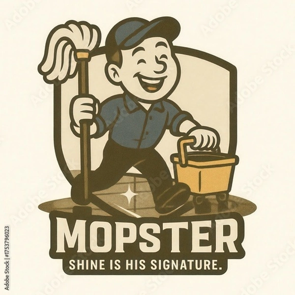 Fototapeta Cheerful cartoon cleaner with mop and bucket runs across sparkling floor.