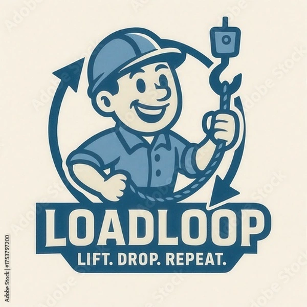 Fototapeta Cartoon worker in hard hat with crane hook and rope.