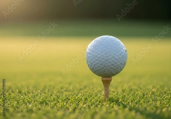 Fototapeta golf ball on tee, Golf Ball on Tee at Sunrise — Close-Up of Precision and Calm Before the Swing on Manicured Course