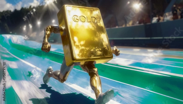 Fototapeta A depiction of a gold bar running a race. A metaphor for the rising value or market for precious metals or investments. Creative economy illustration.