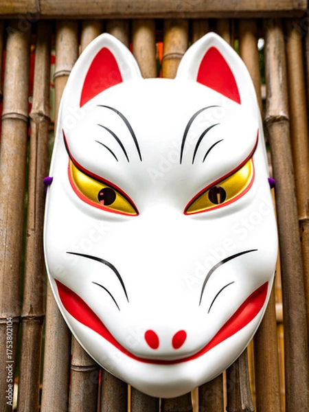 Fototapeta 竹垣に微笑む白狐の面
