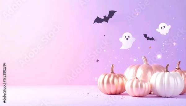 Fototapeta Cute pastel Pinkoween background with pink pumpkins ghosts and sparkles in dreamy style