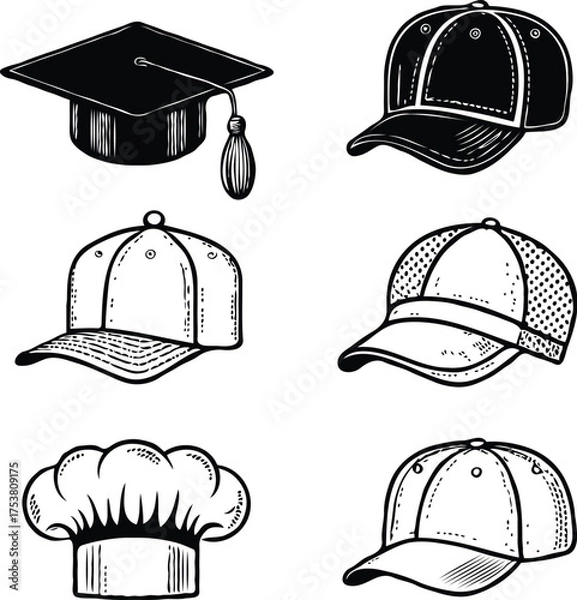 Obraz Clean black and white vector illustration of cap icons like 1.eps