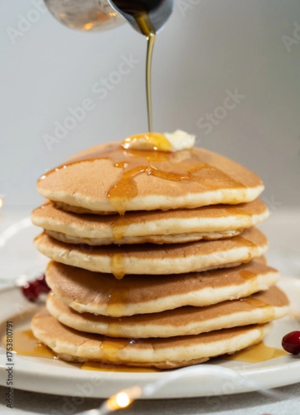 Obraz ６段重ねのパンケーキにメープルシロップをかける
