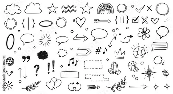 Fototapeta Сollection of various black doodle elements, manga-style illustration pictogram icon set. JPEG version.