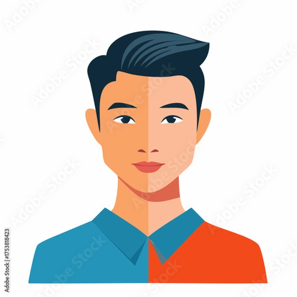 Fototapeta Stylized Portrait of an Asian Man with Split Color Shirt.