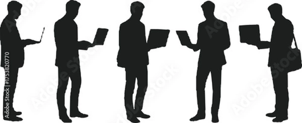 Fototapeta Silhouette people using laptops, digital nomads working remotely, modern tech lifestyle, mobile computing, freelance professionals, business travel, online communication, productivity on the go