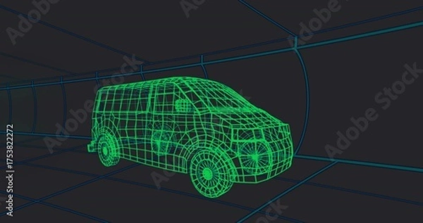 Fototapeta Rendering neon green wireframe passenger van gliding inside tunnel, featuring teal grid lines in 3D