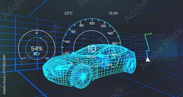 Obraz Floating wireframe car inside grid lab, showing speedometer, battery, temp, clock, navigation arrow