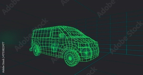 Obraz Displaying neon green wireframe van model in 3D modeling workspace, with teal grid lines