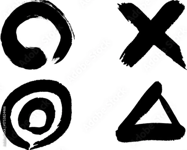 Obraz 墨で書いた筆タッチの記号、丸：三角・バツ　ベクター