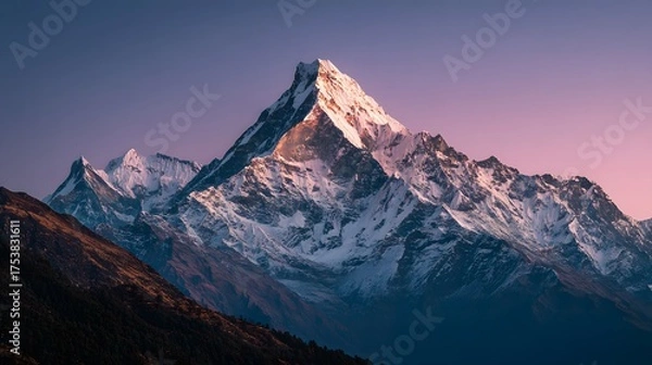 Fototapeta Majestic snow-capped mountains bathed in soft morning light under a gradient sky.