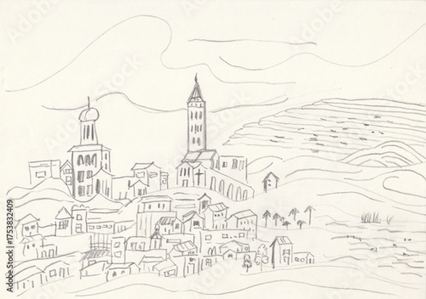Obraz Scenic Line Drawing of a Hillside Town with Churches and Towers