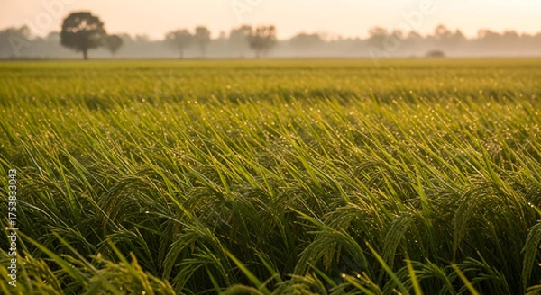 Fototapeta Golden Hour Glow on Lush Green Rice Field with Misty Horizon and Silhouetted Trees, Agricultural Landscape