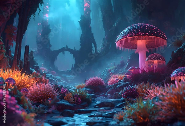 Obraz 大きなキノコが生えている幻想的な異世界風景のイラスト