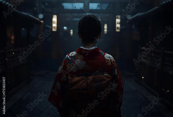 Obraz 暗い通りを歩く着物姿の日本人女性