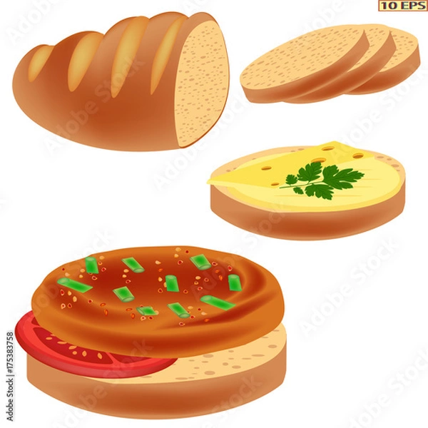 Obraz Fried cutlet. Meatballs and bread. The roasted steak on the plate isolated on white background. Meat rissoles, spices and green vegetables. Vector illustration 