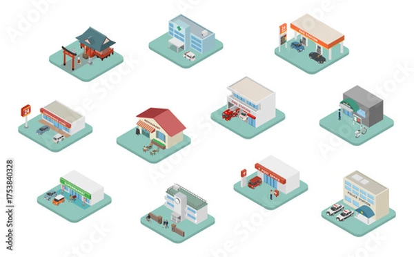 Obraz アイソメトリックイラスト：いろんな建物