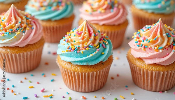 Fototapeta A vibrant assortment of festive cupcakes with colorful pink and blue buttercream frosting and rainbow sprinkles, perfect for a celebration