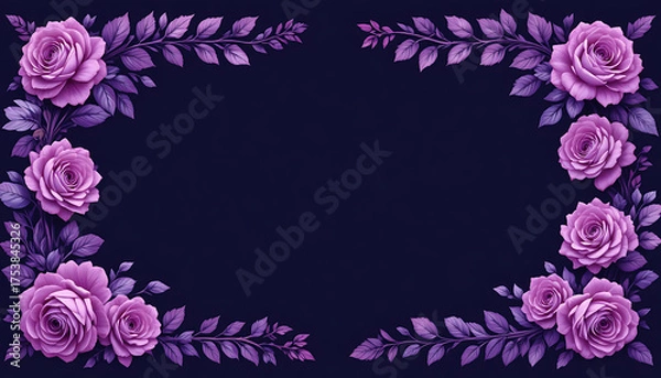 Fototapeta Luminous purple roses forming a beautiful corner frame design against a deep indigo backdrop, an elegant floral illustration
