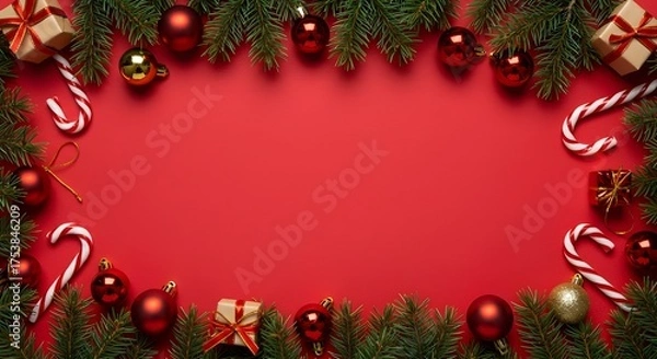 Fototapeta Christmas background with red ornaments, fir branches, gifts, and copy space.