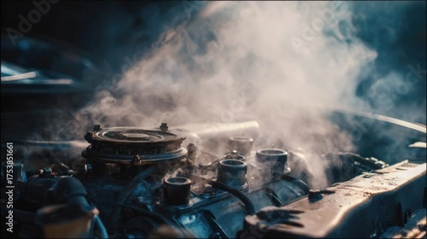Fototapeta Stunning photo of steam rising from a car engine, indicating an overheating problem.