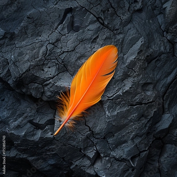 Fototapeta Vibrant orange feather resting on cracked dark rock, juxtaposing textures and colors