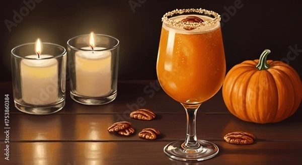 Fototapeta Festive fall still life with a pumpkin cocktail, pecans, and glowing candles for autumn warmth.