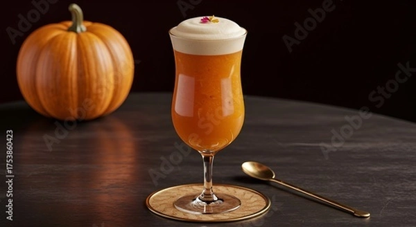 Fototapeta Elegant presentation of a creamy orange cocktail with pumpkin garnish on a dark table.