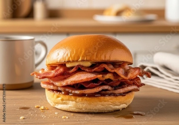 Obraz Crispy stacked bacon breakfast sandwich on brioche bun — gourmet morning brunch