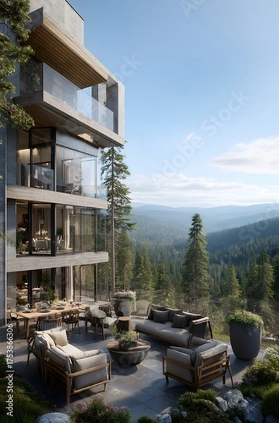 Obraz Luxury modern home balcony with seating and dining overlooking forest.