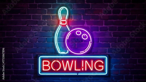 Obraz Bowling neon sign glowing with colorful lights on dark brick wall
