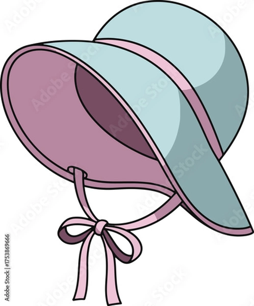 Obraz A charming cartoon baby bonnet in soft blue and pink, with a pink ribbon tied in a bow, perfect for infants.