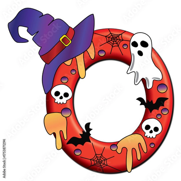 Obraz Spooky Halloween numbers zero vector with witch hat, ghost and skull