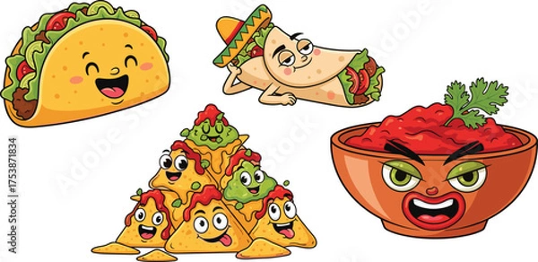 Fototapeta Funny Mexican food cartoon characters, cute taco nachos salsa burrito illustration, happy snack vector art, spicy meal design, white background