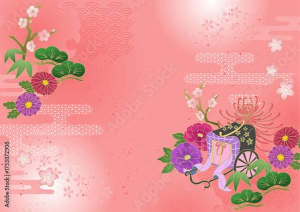 Obraz お正月 和風 和柄背景 松竹梅 御所車 牡丹 菊 年賀状 ピンク New Year Japanese pattern background Pine, bamboo, plum, peony, chrysanthemum, New Year's card, pink